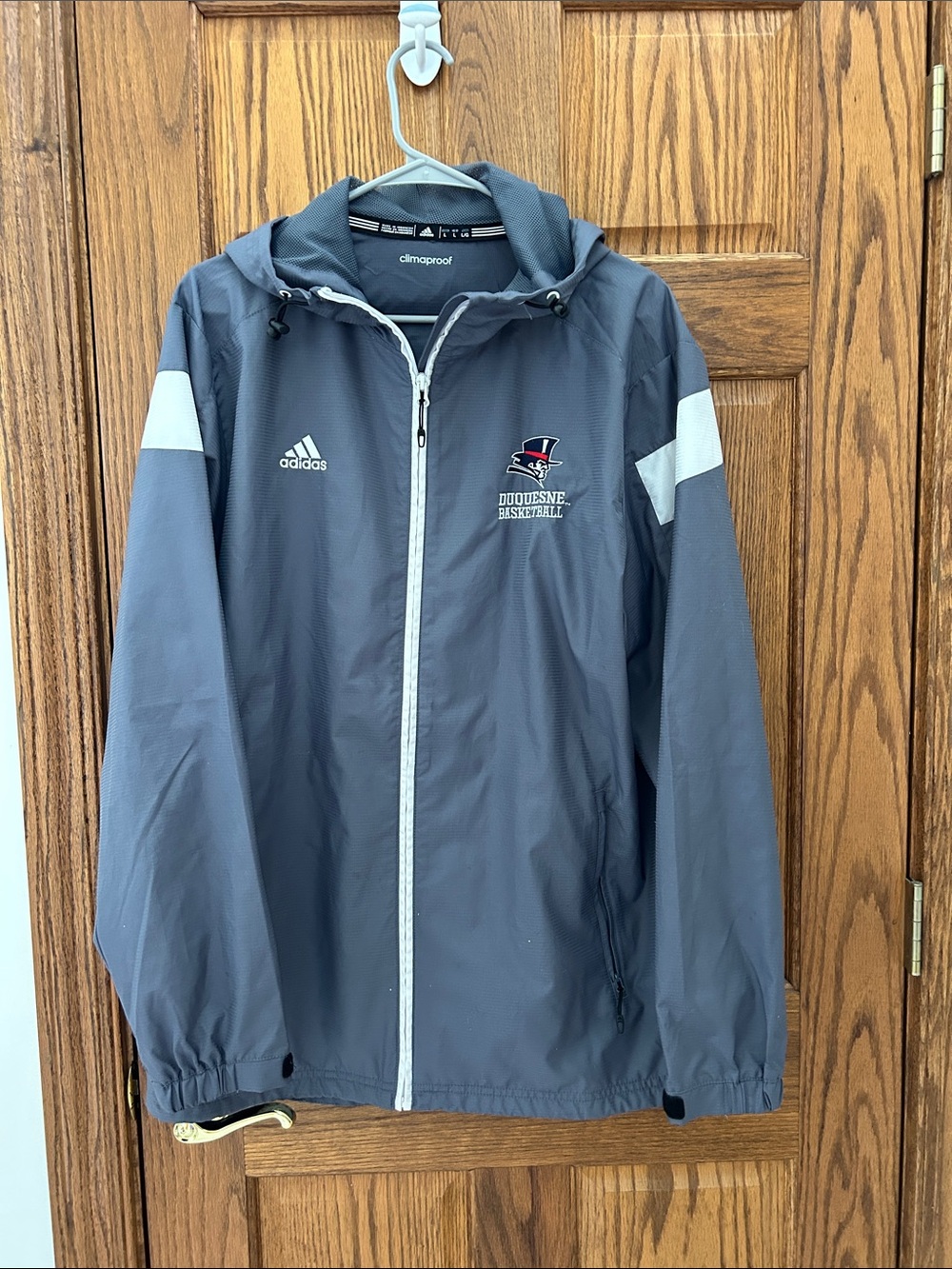 adidas Gray and White Duquesne Basketball Hooded Windbreaker